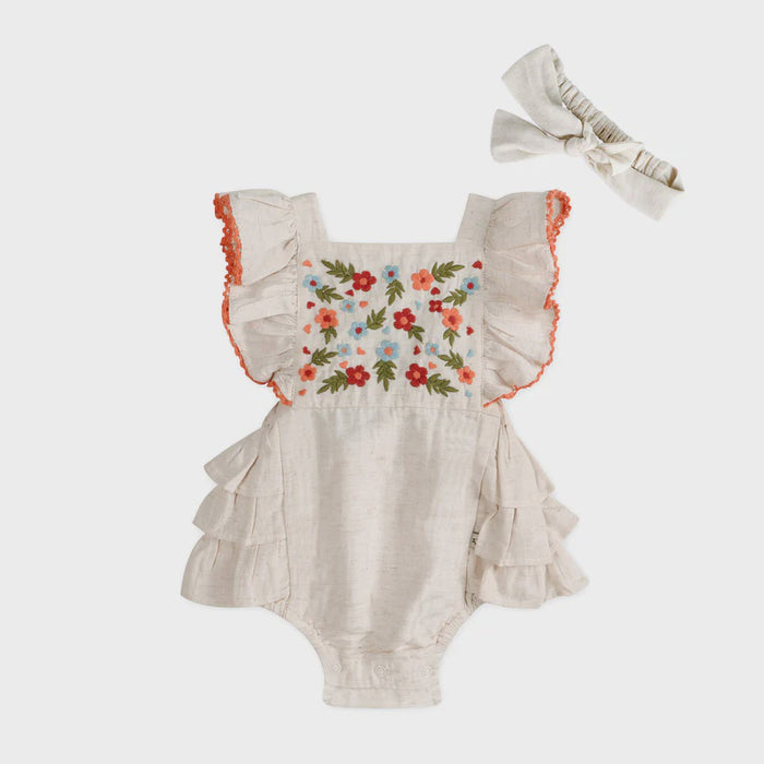 Embroidered Linen Romper + Headband Set