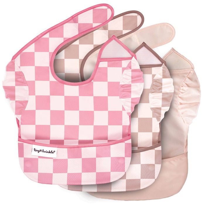 3 Pack Mess-proof Easy Bibs - Checkers Pink Brown