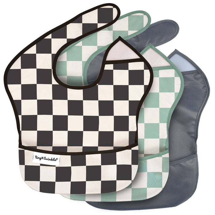 3 Pack Mess-proof Easy Bibs - Checkers Black Sage